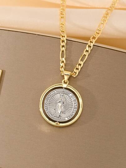 1PC Unisex Vintage Religious Rotatable Virgin Mary Medal Necklace, Elaborately Made Of 14k Gold Plated Copper With Rotatable Medal Design For Personality, Matched With 50cm Figaro Chain, Fashionable And Versatile, Ideal For Catholic First Communion And Baptism Gift, Showing Faith And Texture In Daily, Worship And Festivals
