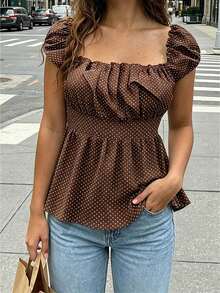 Women's Y2k Polka Dot Top Square Neck Ruffle Cap Sleeve Slim Fit Babydoll Top Cute Ruched Bust Peplum Blouse Vintage Cottagecore Casual Summer Top - màu nâu - Xem 1