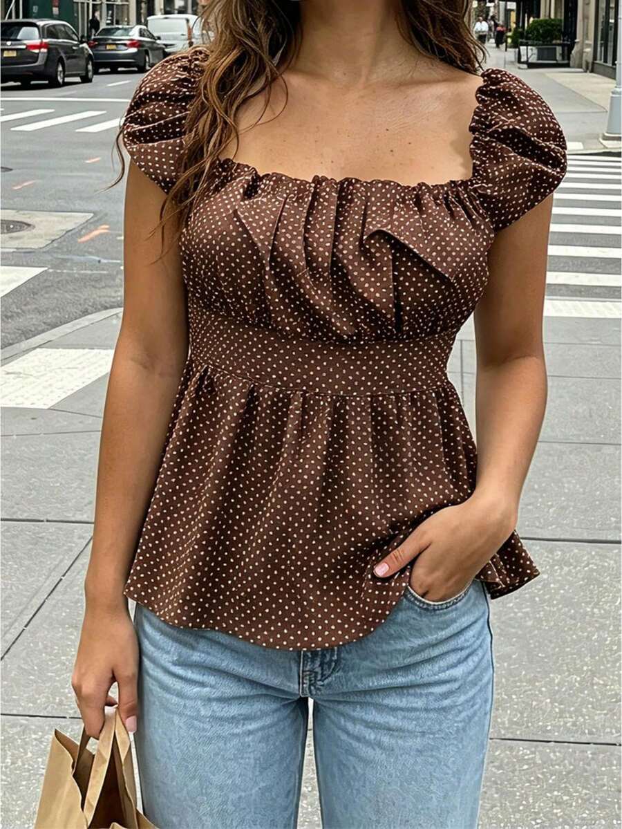 Women's Y2k Polka Dot Top Square Neck Ruffle Cap Sleeve Slim Fit Babydoll Top Cute Ruched Bust Peplum Blouse Vintage Cottagecore Casual Summer Top - màu nâu - Xem 1