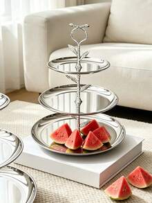 1pc Luxury Ins-Style Stainless Steel Mirrored Fruit Plate, Niche Creative Dessert Stand, Nordic Style Stainless Steel Fruit Rack, Elegant Cake & Snack Stand, Exquisite Afternoon Tea Dessert & Snack Rack, Luxury Multi-Layer Fruit Plate Storage Tray, Living Room Coffee Table Decor, Suitable For Cafe, Restaurant, Living Room, Dessert Shop, Wedding, Party - Silver - View 5