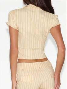 1 pieza Blusa de mujer con fruncido retorcido y botones en la parte delantera, de tela tejida de unicolor, para usar en la playa y en la /verano - Albaricoque - Ver 2