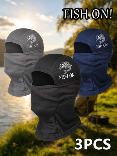 3 piezas Máscara facial tipo pasamontañas con estampado de esqueleto de pez "¡PESCA!", protección UV y transpirable, cuello gaitera, máscara de pesca de secado rápido para hombres, protección solar para exteriores