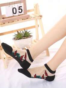 Assorted 5 Pairs Of Women Short Socks, Thin Ankle Socks With Embroidery And Breathable Design, Suitable For Spring/Summer Wear, Black - Multicolor - View 3