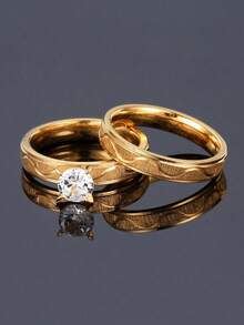 2件套哑光金色不锈钢水钻戒指，女士婚礼派对日常首饰，母亲节礼物 - 金色 - 查看 5