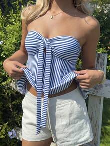 Women's Elegant Blue White Striped Halter Neck Peplum Top, Bow Front Keyhole Sleeveless Blouse, Casual Summer Vacation & Brunch Wear, 2026 Chic Outfit - Blue and White - View 9