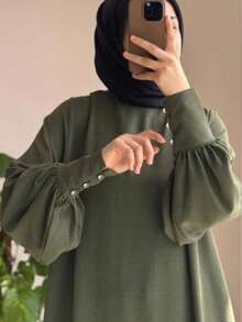 女款優雅阿拉伯風純色休閒端莊寬鬆圓領燈籠袖長褲套裝，Abaya 套裝 - 綠色 - 查看 4