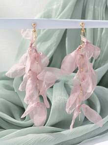 1 Pair Pink Elegant Fabric Crystal Leaf Design Long Earrings, Suitable For Vacation Wear (Bead Color Random) - Pink 1340 - View 1