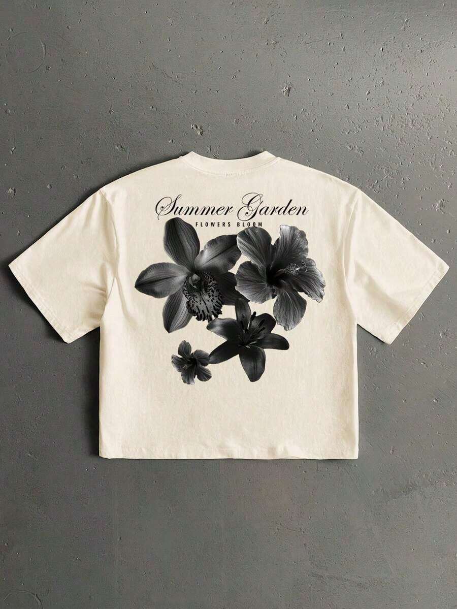 Manfinity LEGND Men's Floral Handwritten Font Print Casual Loose Fit Short Sleeve T-Shirt, Dating And Meeting Essential, Couple Gift For Boyfriend - 杏色 - 查看 1