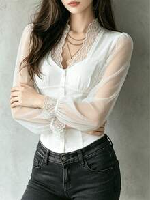 Áo kiểu nữ mùa xuân/hè, áo blouse dệt kim ren phối ren màu trơn với viền bèo nhún, áo kiểu nữ ren phối ren thanh lịch, áo blouse tay dài kiểu sơ mi, thích hợp cho đi biển, kỳ nghỉ, du lịch mùa xuân/hè/thu, trang phục nghỉ mát màu trắng cho nữ. - trắng - Xem 2
