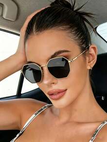 Bộ 2 kính mắt thời trang mùa hè, gọng kim loại hình đa giác cổ điển, kính trang trí, unisex, phù hợp cho chụp ảnh đường phố, đi làm và đeo hàng ngày. - 2 miếng hình đa giác màu xám nâu - Xem 2