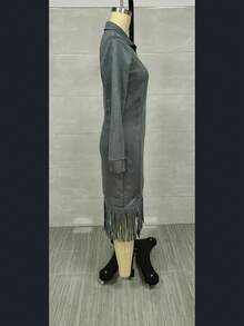 Long-Sleeved Fitted Suede Dress With Fringed Western Cowboy Style - Grey - View 4