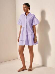 Vestido casual de verano suelto y simple con botones en la cintura - Morado - Ver 5
