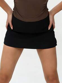 Women's Solid Color Low Waist Slit Sports Mini Skirt Black Spring - Black - View 3