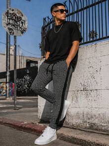 Men's Drawstring Waist All Over Print Track Pants Skinny Fit Casual Jogger Sweatpants Side Stripe Elastic Waist And Ankle Lightweight Gym And Fitness - Black - View 1