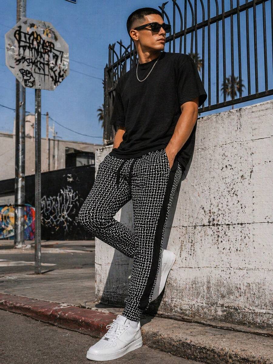 Men's Drawstring Waist All Over Print Track Pants Skinny Fit Casual Jogger Sweatpants Side Stripe Elastic Waist And Ankle Lightweight Gym And Fitness - Black - View 1