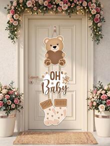 1 set Decoración colgante de puerta con tema de oso marrón "OH Baby", letrero colgante bohemio marrón "OH Baby" con oso y calcetín, para decoración de puerta de fiesta de revelación de género y baby shower, decoración de fondo para fiesta de 1er cumpleaños, suministros de decoración para fotografía de baby shower, regalo de baby shower, decoración de revelación de género, decoración colgante de puerta como accesorio fotográfico para fiesta de cumpleaños - Oso pardo - Ver 1
