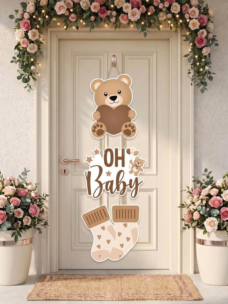 1 set Decoración colgante de puerta con tema de oso marrón "OH Baby", letrero colgante bohemio marrón "OH Baby" con oso y calcetín, para decoración de puerta de fiesta de revelación de género y baby shower, decoración de fondo para fiesta de 1er cumpleaños, suministros de decoración para fotografía de baby shower, regalo de baby shower, decoración de revelación de género, decoración colgante de puerta como accesorio fotográfico para fiesta de cumpleaños - Oso pardo - Ver 1