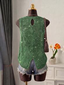 Women's Fashion Sleeveless Knit Tank Top, Round Neck, Asymmetric Hemline Design Summer - Green - View 3