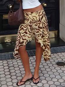 Falda bohemia de longitud hasta la rodilla, con dobladillo asimétrico, estampado de olas, elegante y sexy, adecuada para la playa, vacaciones y citas en primavera - Amarillo - Ver 9