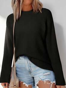 CILKOO Women's Casual Crew Neck Pullover Sweater With Slit Cuffs - Black - View 2