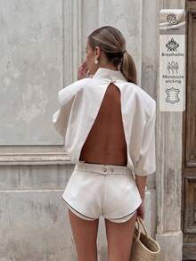 Bộ jumpsuit vải lanh sang trọng, thanh lịch, hở lưng, phù hợp cho mặc hàng ngày, đi nghỉ mát, dự tiệc sinh nhật, du lịch, bộ jumpsuit nữ thời trang, mùa hè. - trắng - Xem 1