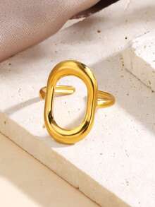 1 chiếc nhẫn hở hình bầu dục tối giản bằng thép không gỉ mạ vàng 18K, thích hợp cho nữ đeo hàng ngày. - Vàng - Xem 3