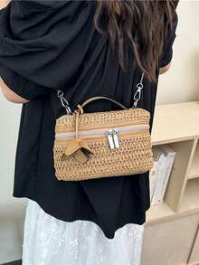 Fashionable Retro Large Capacity Woven Bag, Beach Holiday Straw Shoulder Crossbody Bag - Khaki - View 6
