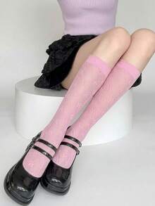1 Pair Women's Lace Floral Ruffle Socks, Mesh Hollow Mid-Calf Socks, Ballerina Style, Feminine - Pink - View 4