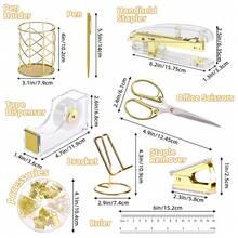 Rose Gold / Gold Office Supplies And Accessories Set, Acrylic Stapler Set For Back To School Season, Staple Remover, Phone Holder, Pen Holder, Scissor, Ruler, Transparent Tape, Back To School Dormitory Storage - Nhiều màu - Xem 9