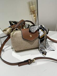 Spring/Summer New Straw Woven Small Square Bag, Exclusive Beach Mini Bag With Flap, Suitable For Shopping, Gathering, Home, Versatile Shoulder/Crossbody Small Square Handbag - Beige - View 5