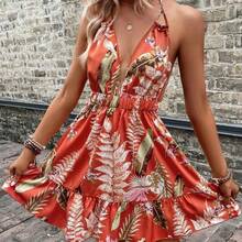 Vestido de verano sexy con cintura alta y volantes, vestido camisero estampado en naranja-rojo tropical, perfecto para vacaciones informales. - Naranja - Ver 1