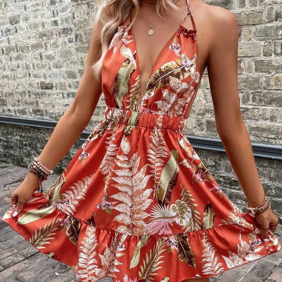 Vestido de verano sexy con cintura alta y volantes, vestido camisero estampado en naranja-rojo tropical, perfecto para vacaciones informales. - Naranja - Ver 1