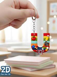 2D Flat Style, Unisex Gift, Plush Texture Teacher Theme Letter A-Z Pattern Acrylic Keychain, Keyring, Backpack Pendant, Birthday Gift, Party Favor, Souvenir, 2D Flat Style - Rainbow - View 32
