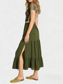 Mid-Length Solid Color Elastic Waist Ruffle Hem Layered Skirt - Army Green - View 2