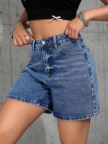 Pantalones Cortos De Mezclilla Para Mujer Con Bolsillos - Azul lavado medio - Ver 5