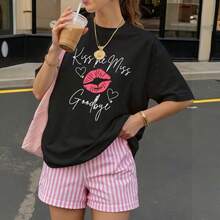 Camiseta negra con estampado de labios y texto Kiss me I miss Goodbye para mujer estilo casual verano - Negro - Ver 3