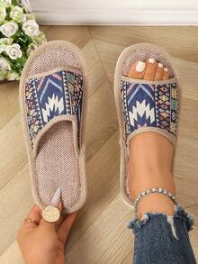 Dép đi trong nhà phong cách Bohemian cổ điển dành cho nữ, dép vải lanh dày chống trơn trượt đế dày, thích hợp cho mùa hè. - Màu xanh lam - Xem 3