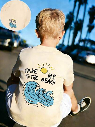 Camiseta gráfica de estilo de vacaciones "LLÉVAME A LA PLAYA" para niño preadolescente, de tela suave y cómoda, adecuada para que los niños la usen para viajes, actividades al aire libre, uso diario, vacaciones casuales, ¡la mejor opción! Parte superior versátil casual de primavera/verano de moda para niños preadolescentes