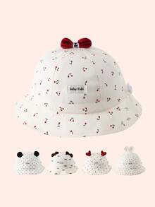 1pc Cherry Heart Bow Baby Hat, Spring Girls Sun Protection Bucket Hat, Infant Toddler Outdoor Hat For Summer - Multicolor - View 2