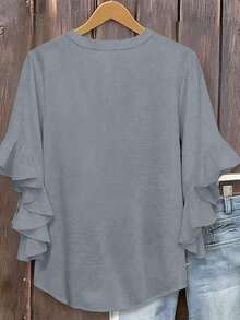 Blusa de mujer de talla grande con cuello en V y mangas con volantes de unicolor - Gris - Ver 2
