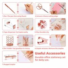 1set Gold/Rose Desk Accessories, Office Supplies Set Desk Accessories, School Supplies Set For Back To School Season, Acrylic Stapler Set Staple Remover, Phone Holder, Tape Holder, Pen Holder, 2 Ballpoint Pen, Scissor, Binder Clips, Ruler, Transparent Glue And Staples, Back To School Season - 彩色 - 查看 4
