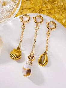 Set de 3 piezas de pendientes y broches de acero inoxidable con baño de oro de 18K con diseños de estrella de mar, pez y concha para la playa y vacaciones de moda - Dorado - Ver 3