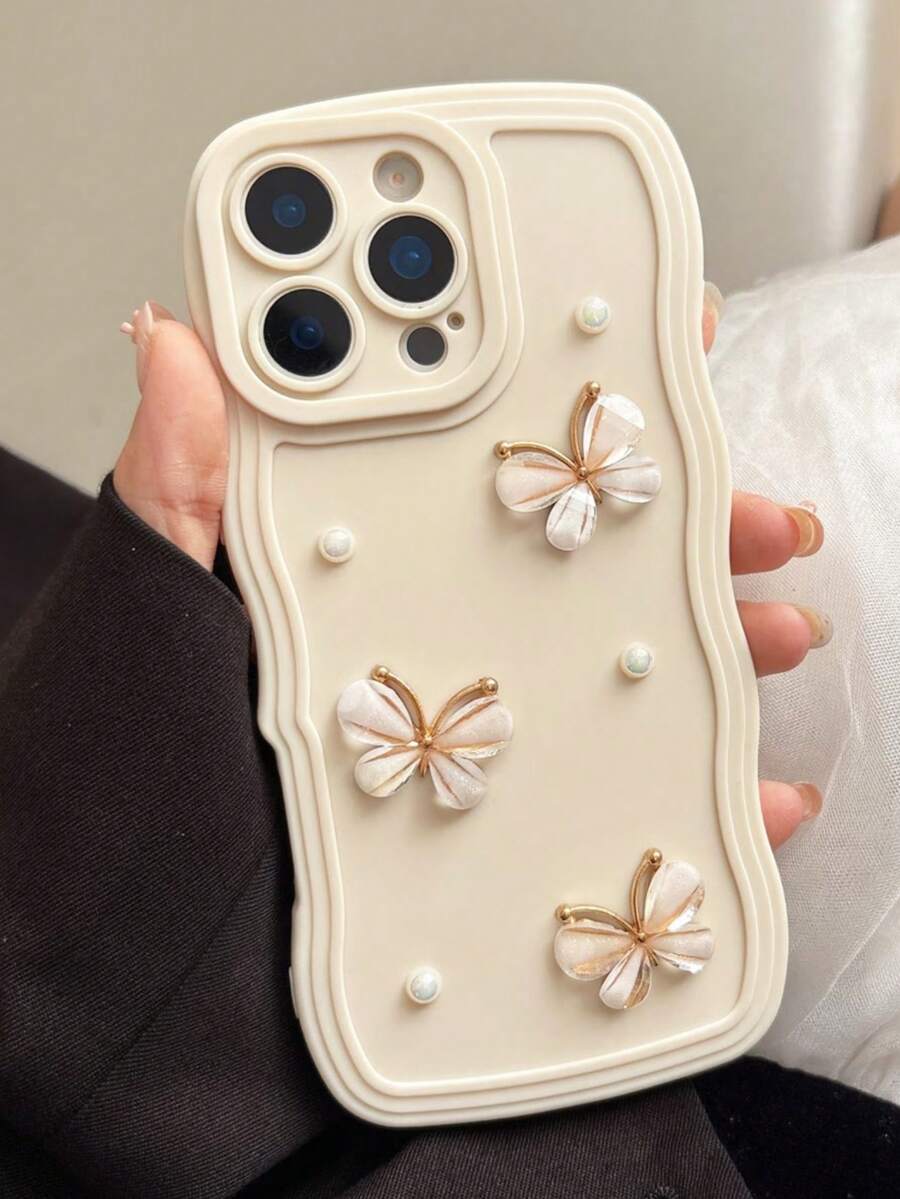 1个Y2K美学可爱奶油白波浪纹手机壳，饰有3D蝴蝶和珍珠，防震、防滑、防刮，兼容苹果系列国际版（非本地版），生日和节日礼物，完美的母亲节礼物 - 白色 - 查看 1
