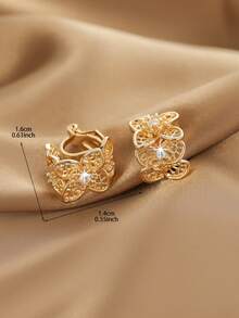 1 Par de Brincos Delicados e Luxuosos com Flor Oca, Design de Pétalas Incrustadas de Zircônia, Brincos Clipe Macio, Cores Ouro e Prata Dual para Mulheres na Temporada de Férias - Multicolorido - Visão 6