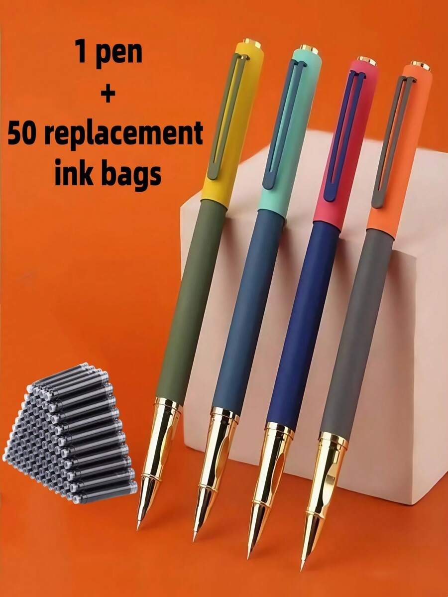 51pcs Set/(1 Ballpoint Pen + 50 Refill Cartridges) Premium Dual-Tone Metal Ballpoint Pen, 4 Color Options, Gel Matte Body Texture, Suitable For Daily Writing, School, Office, Business Signing, Great Gift Choice For Holidays - 51pcs Set - View 1