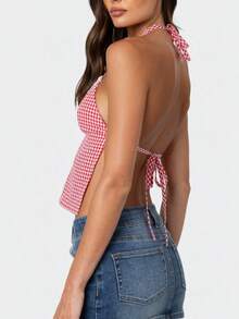Women Girls Terry Trim V-Neck Halterneck Top Sleeveless Open Back Gingham Tops Strappy Y2K Shirts Streetwear - Red - View 4