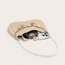 Shells Pearl Straw Woven Underarm Bag Casual All-Matching Commuting Bag Niche High-End Shoulder Bag Women's Boho Seashell Pearl Beaded Straw Bags Zipper Single Strap Underarm Purses - 象牙色 24*6*14厘米 - 查看 6