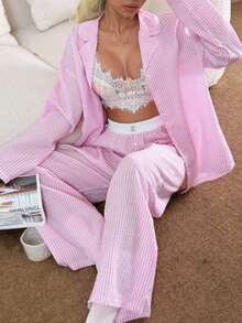 Nina Bonheur 2pcs Women Striped Button-Front Long Sleeve Pajama Set + Drawstring Pants, Cute Sleepwear Suit - Pink - View 3
