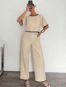 Conjunto de dos piezas  2026: top corto manga corta + pantalones anchos holgados color beige, ideal para primavera y verano - Albaricoque - Ver 4