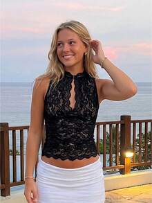 Women Lace Tank Tops Slim Fit Cut Out Crewneck Sleeveless Crop Vest Trendy Summer Streetwear - Negro - Ver 1